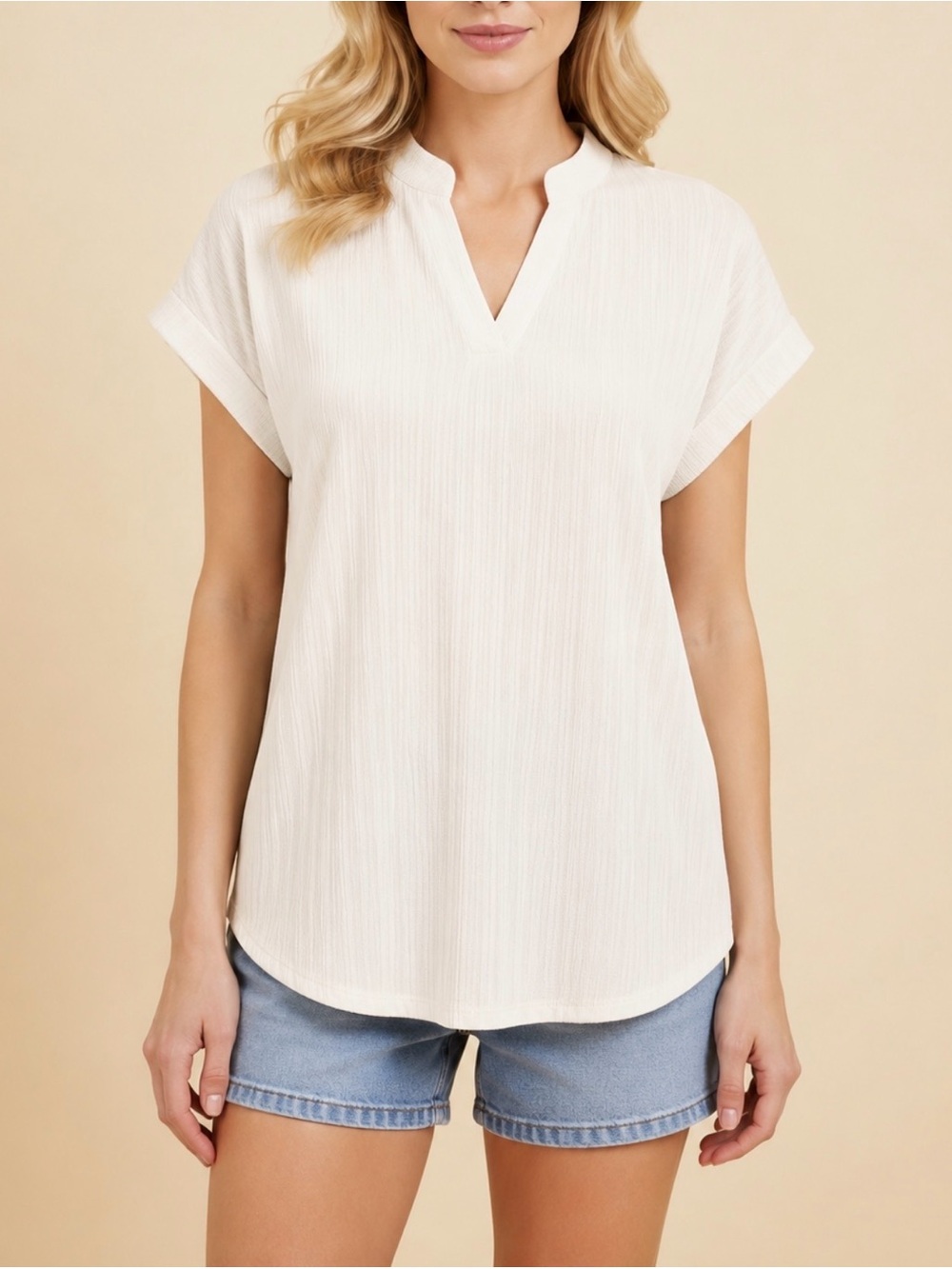 HEIMISH USA Ivory Split V-Neck Short Sleeve Blouse
